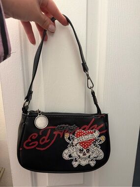 Ed Hardy Black Shoulder Bag with Red Script and Heart Skull Patch